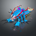 Blue Fantasy Creature With Red Streamers Horns Sharp Claws Pink And Yellow Accents