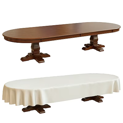 Elegant Oval Wooden Dining Table With Carved Legs And White Tablecloth 3d model