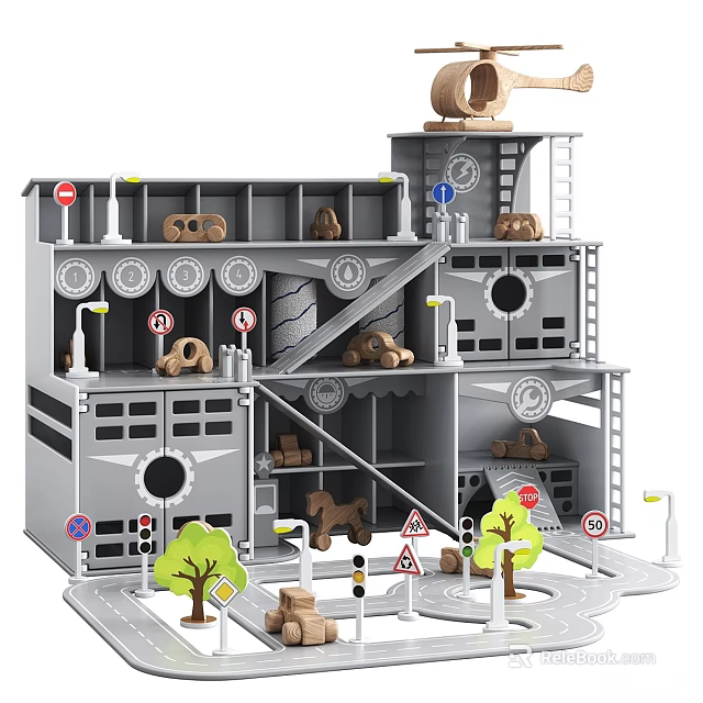 Kids Playground With Multi Level Structure Stairs Platforms Traffic Signs Toy Cars And Trees 3d model 