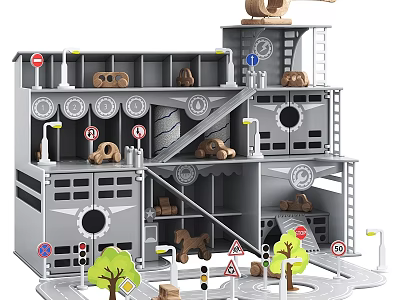 Kids Playground With Multi Level Structure Stairs Platforms Traffic Signs Toy Cars And Trees 3d model