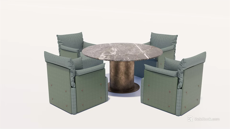 Round Marble Top Dining Table Set With Copper Base And Light Green Armchairs 3d model