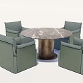 Round Marble Top Dining Table Set With Copper Base And Light Green Armchairs 3d model