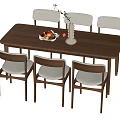 Wooden Rectangular Dining Table Set with Light Gray Chairs and Fruit Bowl Vase 3d model