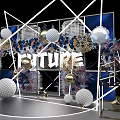 Modern Stage Design With Geometric Frames Blue Background Gold White Spheres Floral Decorations FUTURE Lettering