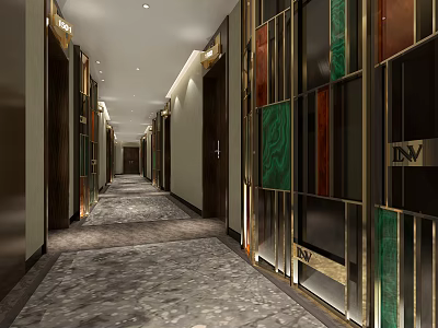 Hotel Corridor Interior Design With Decorative Walls Lighting And Marble Floor 3d model