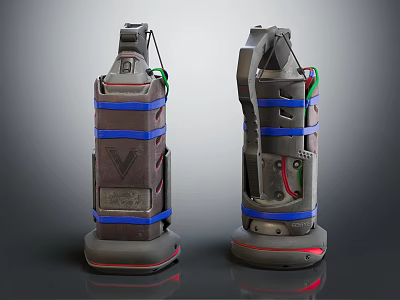 Tactical Futuristic Weapon Device With Blue Straps Gray Body Red Glowing Base And Top Wires 3d model