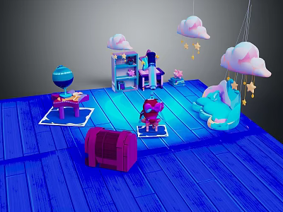 Cartoon Scene With Blue Wooden Floor Pink Cloud Decorations Star Ornaments And Cute Characters 3d model