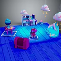 Cartoon Scene With Blue Wooden Floor Pink Cloud Decorations Star Ornaments And Cute Characters