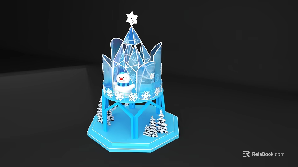 Winter Themed Photo Spot With Blue Ice Castle Star Snowman Snowflakes And Pine Trees 3d model 