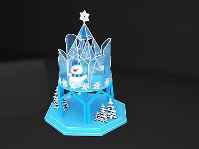 Winter Themed Photo Spot With Blue Ice Castle Star Snowman Snowflakes And Pine Trees 3d model