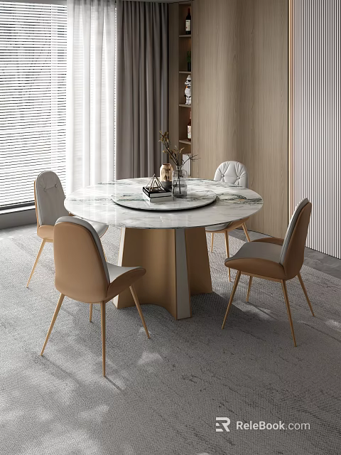 Modern Dining Table And Chairs Set With Marble Top Gold Legs And Leather Seats 3d model 
