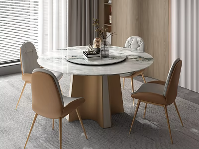Modern Dining Table And Chairs Set With Marble Top Gold Legs And Leather Seats 3d model