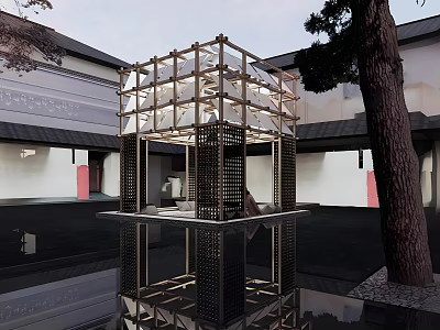 Traditional Ancient Architecture Courtyard With Modern Glass Structure Wooden Frame And Water Surface Reflection 3d model