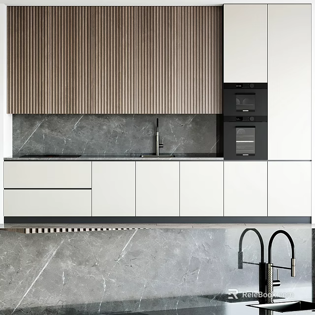 Modern Kitchen Cabinets With Wooden Slatted Panels White Cabinet Doors Marble Countertop And Built-in Appliances 3d model 