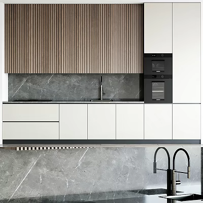 Modern Kitchen Cabinets With Wooden Slatted Panels White Cabinet Doors Marble Countertop And Built-in Appliances 3d model