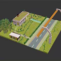 Modern Miniature Scene With Green Roof Building Swimming Pool And Trees