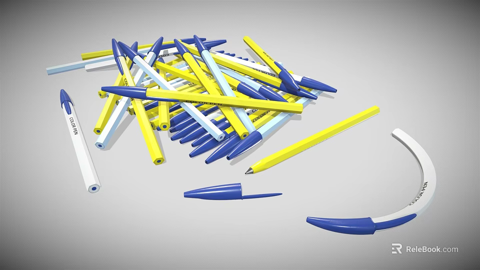 Pile of Blue Yellow and White Ballpoint Pens Scattered on Gray Background 3d model 