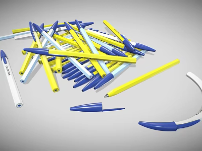 Pile of Blue Yellow and White Ballpoint Pens Scattered on Gray Background 3d model