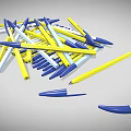 Pile of Blue Yellow and White Ballpoint Pens Scattered on Gray Background