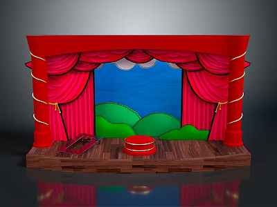 Indoor Stage Scene with Red Curtains Blue Backdrop Green Hills and Wooden Floor 3d model