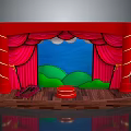 Indoor Stage Scene with Red Curtains Blue Backdrop Green Hills and Wooden Floor