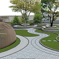 Garden Landscape Design With Winding Paths Circular Platforms Lush Lawns And Trees 3d model