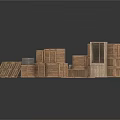 Wooden Crates Stacked in Various Sizes and Arrangements on White Surface