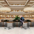 Public Chairs In Mall Interior With Umbrella Structures Plants And Tiled Floor