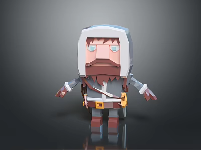 Low Poly 3D Cartoon Character Design Of Hooded Bearded Adventurer With Backpack And Belt 3d model