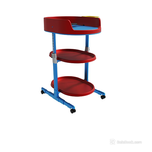 Red And Blue Three Tier Rolling Cart With Storage Shelves And Mobile Wheels 3d model 