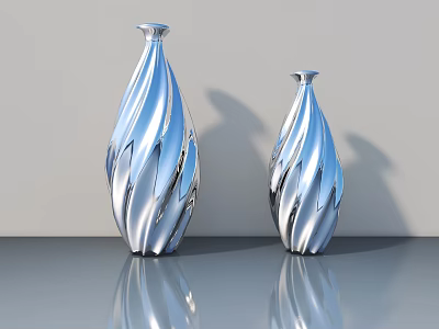Two Silver Carved Sculpture Vases Featuring Wavy Patterns On Reflective Table 3d model