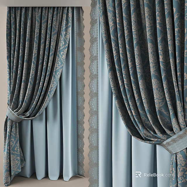 Elegant Patterned Curtains With Double Layer Light Blue Inner Lace Trim And Tiebacks 3d model 