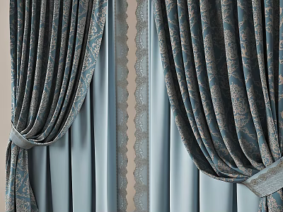 Elegant Patterned Curtains With Double Layer Light Blue Inner Lace Trim And Tiebacks 3d model