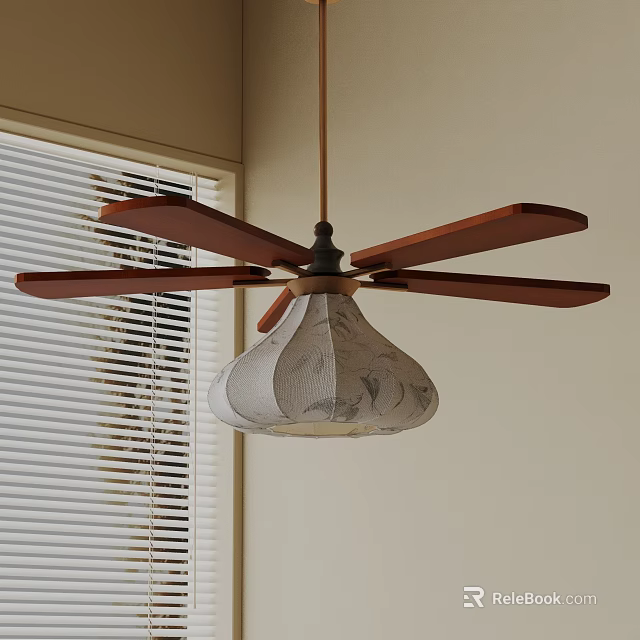 Wooden Blade Fan Chandelier With White Patterned Shade In Light Colored Room 3d model 