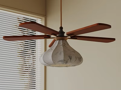 Wooden Blade Fan Chandelier With White Patterned Shade In Light Colored Room 3d model