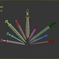 Multiple Swords With Various Hilts Arranged Radially Featuring Central Black Hilt Long Sword And Reflections
