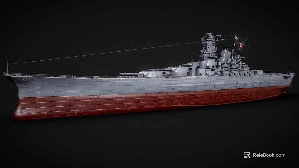 Detailed Warship Model With Grey Hull Red Bottom Turrets And Mast 3d model 