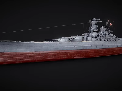 Detailed Warship Model With Grey Hull Red Bottom Turrets And Mast 3d model