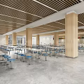 Spacious Cafeteria Interior With Wooden Ceiling Tables And Blue Chairs 3d model