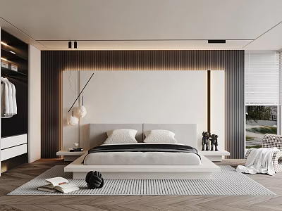 Modern Bedroom Interior Design With Bedside Tables Pendant Lights Wardrobe And Area Rug 3d model
