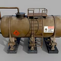 Rusty Metal Industrial Storage Tank With Platform Railing Support Stands And Hazardous Labels
