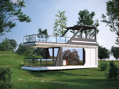 Modern Boutique Guesthouse Building With Glass Curtain Wall Open Terrace On Green Lawn 3d model
