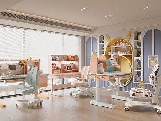 Modern Children's Study Table Desk and Chair Children's Bookcase Children's Table and Chair 3d model