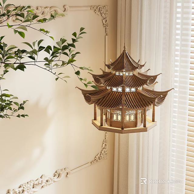 Wooden Chinese Pavilion Style Multi Tiered Chandelier With Green Plants And Blinds 3d model 