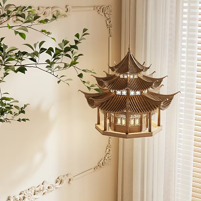 Wooden Chinese Pavilion Style Multi Tiered Chandelier With Green Plants And Blinds 3d model