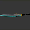 Katana With Blue Glowing Blade Yellow Black Handle On Gray Background Reflection