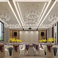 Modern Banquet Hall Interior with Ceiling Chandeliers Wooden Walls Tables Flowers Chairs Windows and Projector