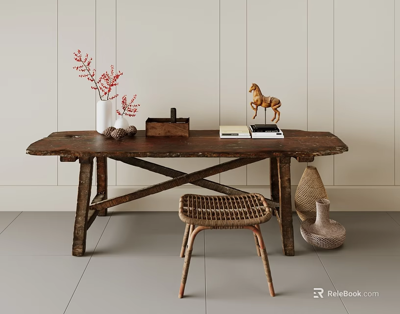 Rustic Wooden Table And Rattan Chair With Crossed Legs Vase Red Plant Books Horse Decor 3d model 