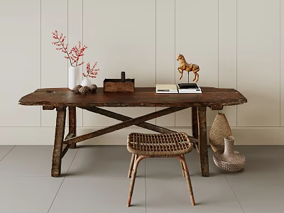Rustic Wooden Table And Rattan Chair With Crossed Legs Vase Red Plant Books Horse Decor 3d model