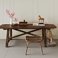 Rustic Wooden Table And Rattan Chair With Crossed Legs Vase Red Plant Books Horse Decor